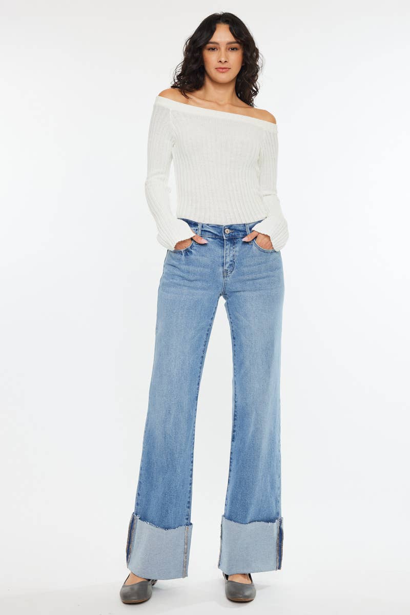 Kan Can Mid Rise Wide Flare Cuff Western Jeans — Medium Wash Stretch Denim, 5 Pocket, Cuffed Raw Hem (sizes 1, 11 and 13 remain)