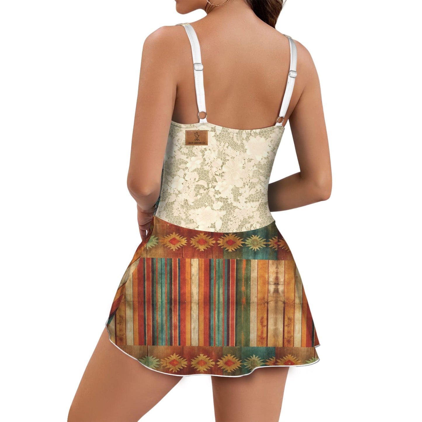 Rustic Serape & Lace Squash Blossom Necklace One Piece Skirted Swimsuit