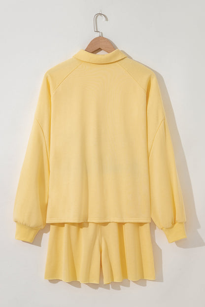 Solid Buttoned Collar Pullover & Shorts Set