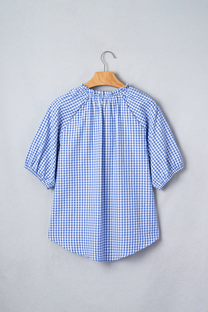 Plaid V-Neck Puff Sleeve Blouse