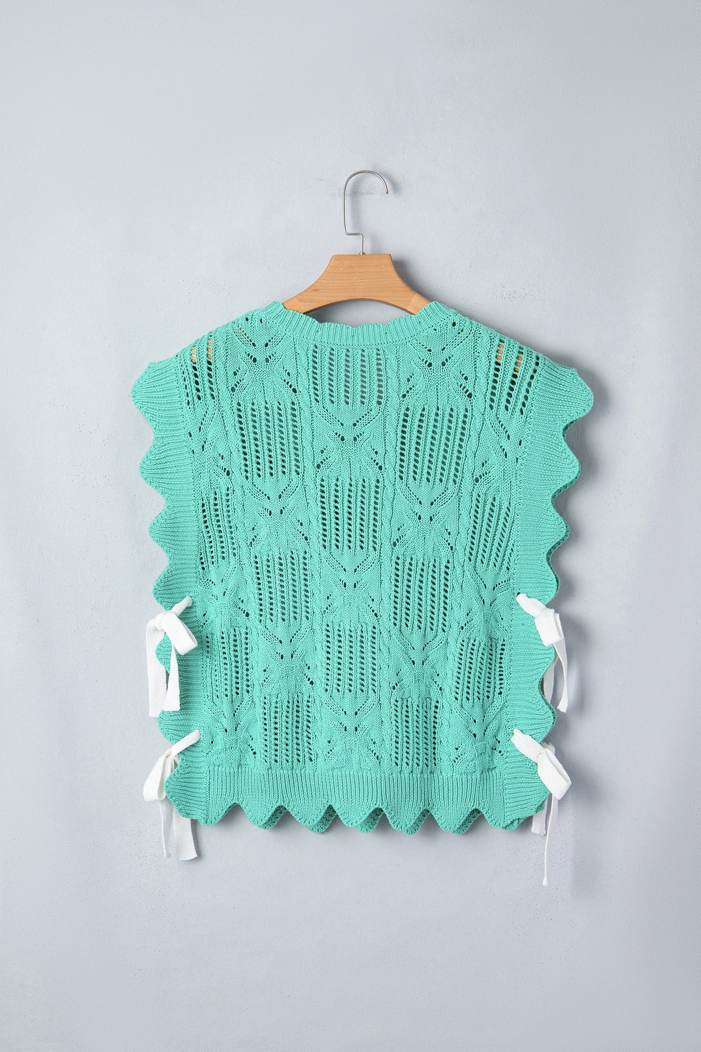 Pointelle Knit Scallop Trim Short Sleeve Sweater