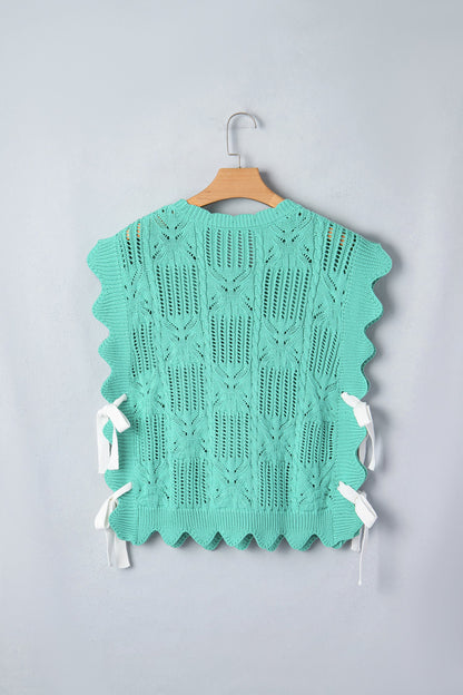Pointelle Knit Scallop Trim Short Sleeve Sweater