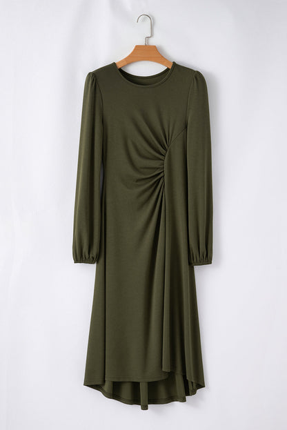 Solid Ruched Long Puff Sleeve Midi Dress