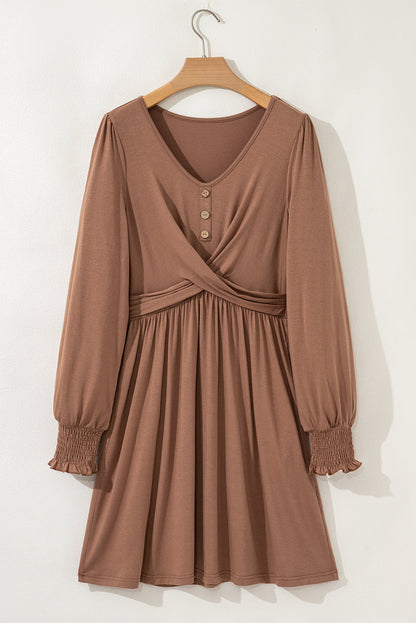 Solid Shirred Cuff Long Sleeve Buttoned Mini Dress