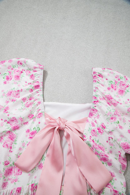 Floral Square Neck Bow Tie Back Mini Dress