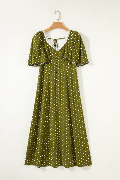 Polka Dot Lace V-Neck Smocked Maxi Dress