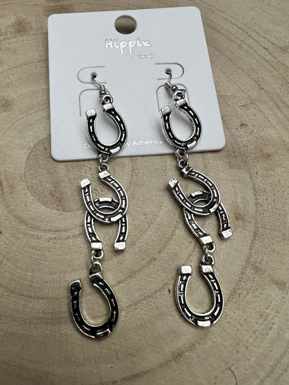 Western Fashion Horseshoe Dangle Earrings — Bold 3½" Statement Drop