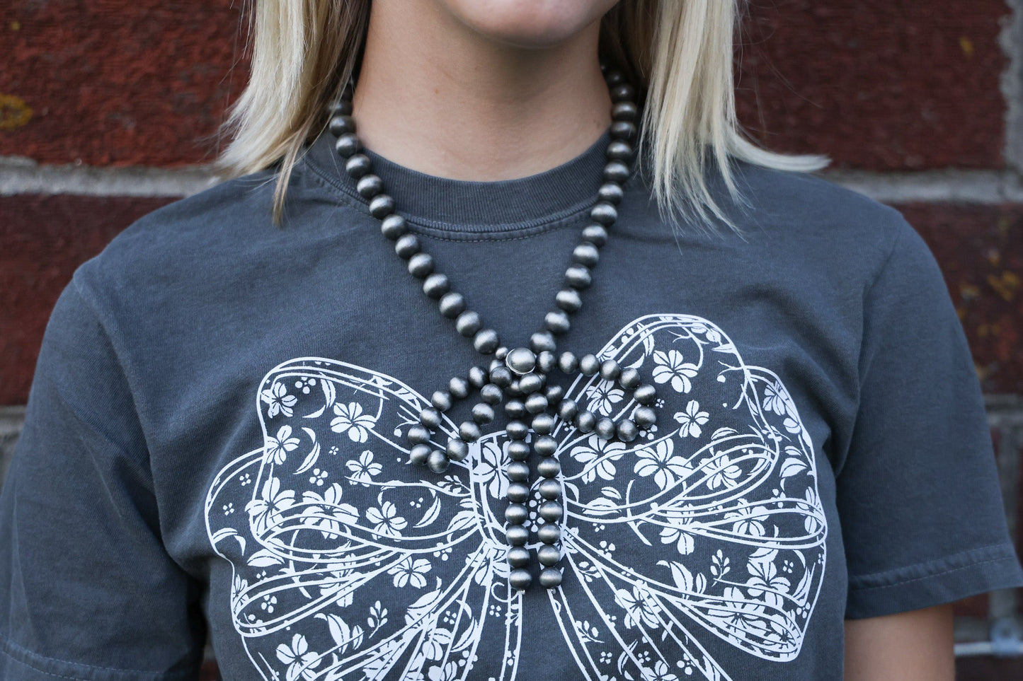 Western Faux Bow Pearl Necklace — 10mm Faux Sterling Pearls (16 Inch)