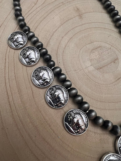 Faux Buffalo Coin Squash Blossom & Earring Set