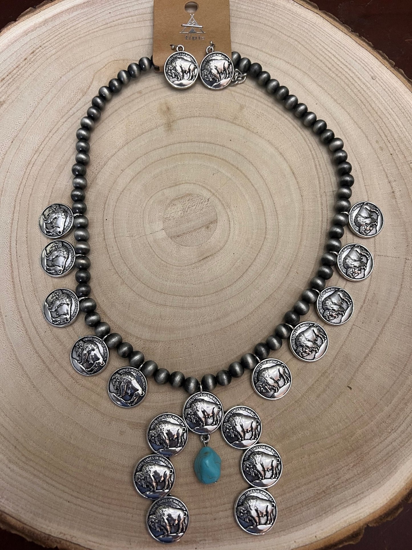 Faux Buffalo Coin Squash Blossom & Earring Set