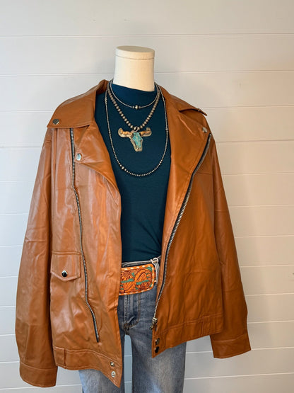 With Love, Molly "Ollie" Oversized Vegan Leather Western Moto Jacket — Matte Finish Relaxed Fit with Side Zipper Pockets (medium and large remain)