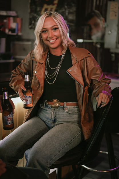 With Love, Molly "Ollie" Oversized Vegan Leather Western Moto Jacket — Matte Finish Relaxed Fit with Side Zipper Pockets (medium and large remain)