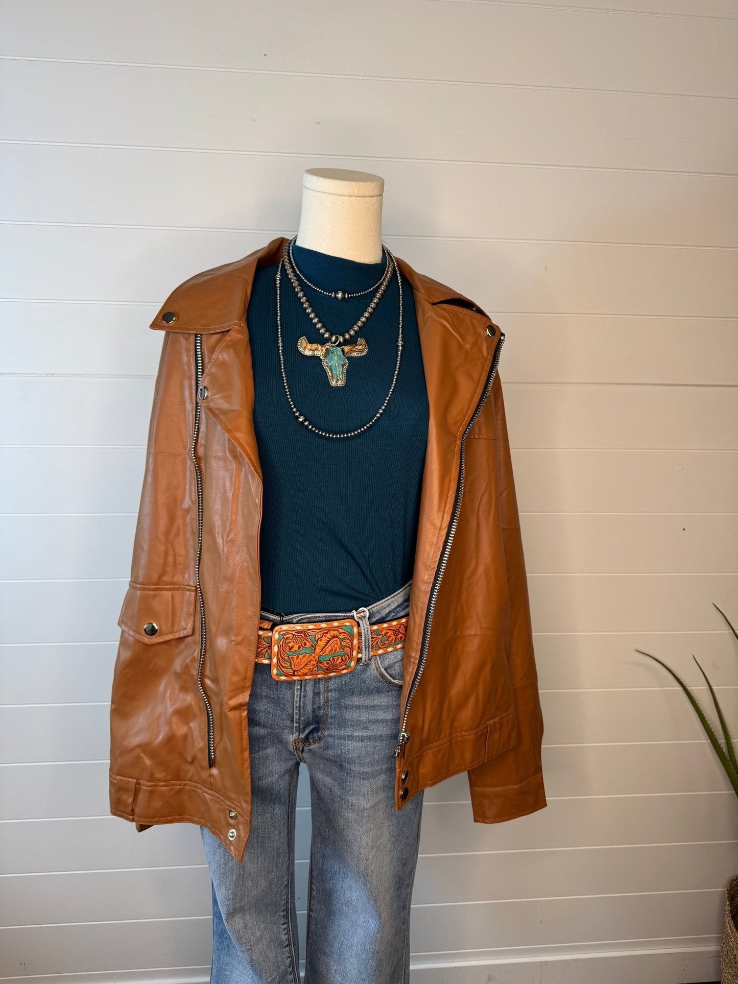 With Love, Molly "Ollie" Oversized Vegan Leather Western Moto Jacket — Matte Finish Relaxed Fit with Side Zipper Pockets (medium and large remain)