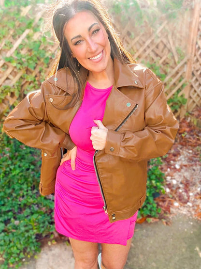 With Love, Molly "Ollie" Oversized Vegan Leather Western Moto Jacket — Matte Finish Relaxed Fit with Side Zipper Pockets (medium and large remain)