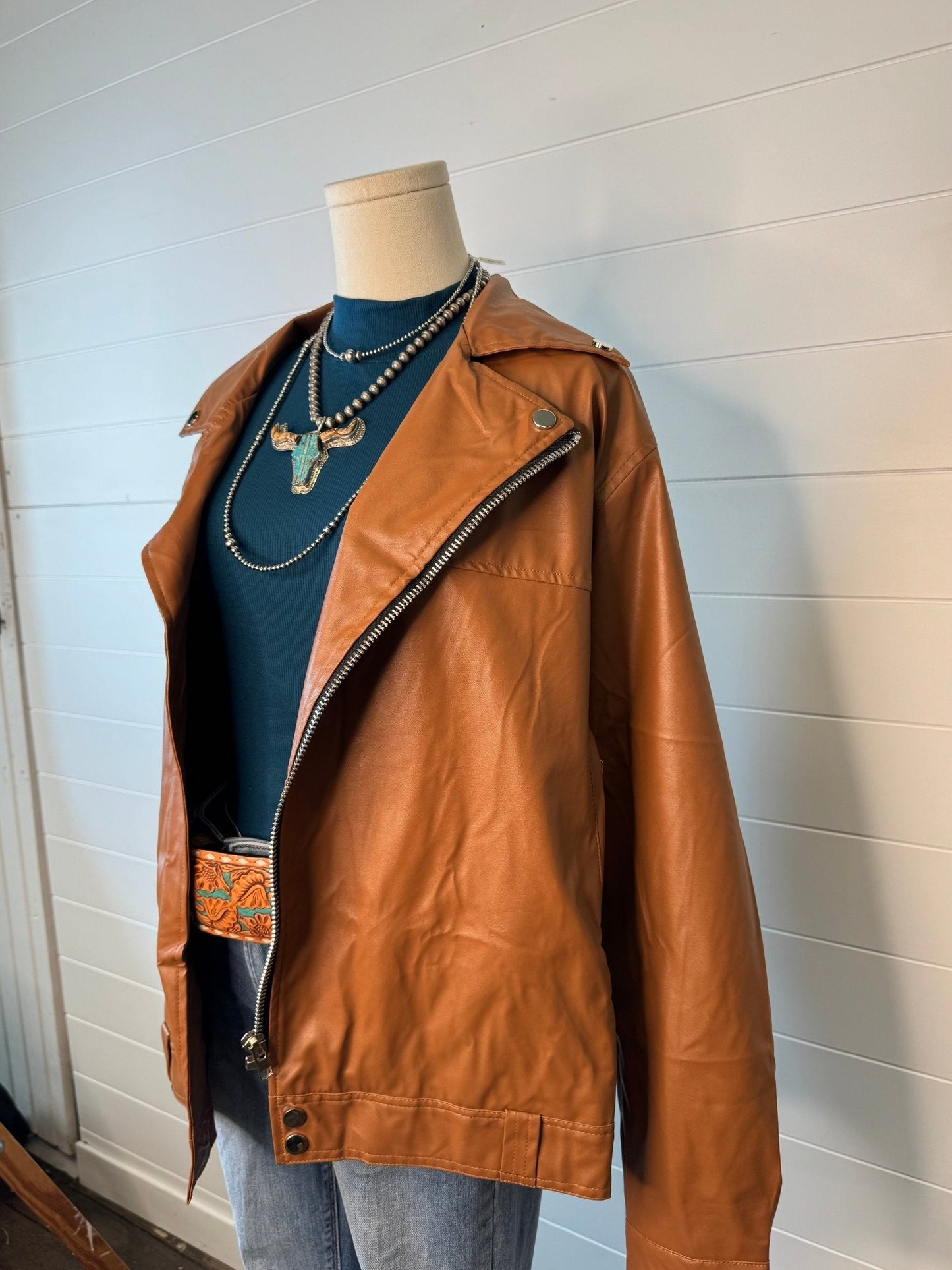 With Love, Molly "Ollie" Oversized Vegan Leather Western Moto Jacket — Matte Finish Relaxed Fit with Side Zipper Pockets (medium and large remain)
