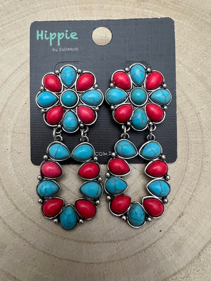 Western Faux Turquoise & Coral Cluster Post Earrings — Southwestern Statement