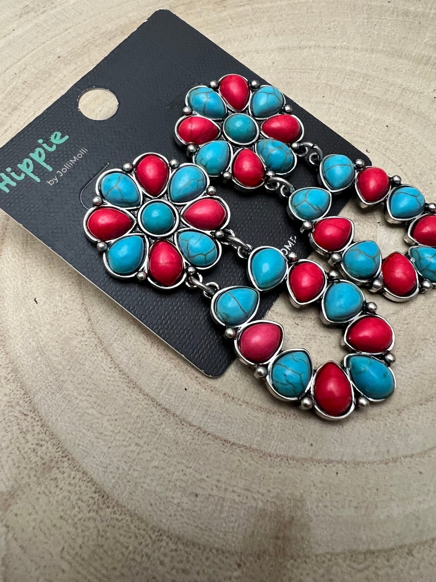 Western Faux Turquoise & Coral Cluster Post Earrings — Southwestern Statement