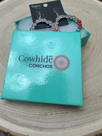 Western Faux Turquoise & Coral Hoop Earrings — 1¾" Drop Southwestern Style