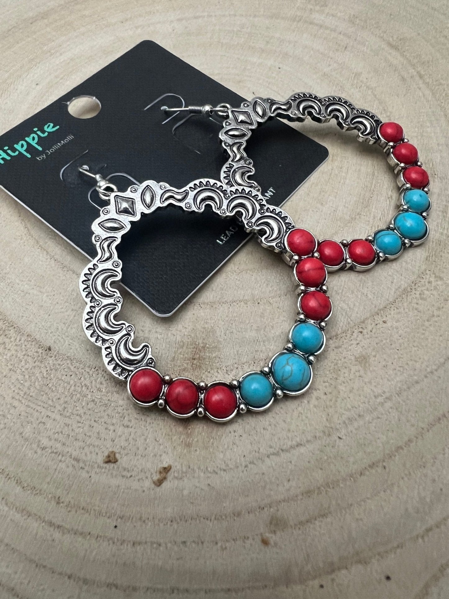 Western Faux Turquoise & Coral Hoop Earrings — 1¾" Drop Southwestern Style