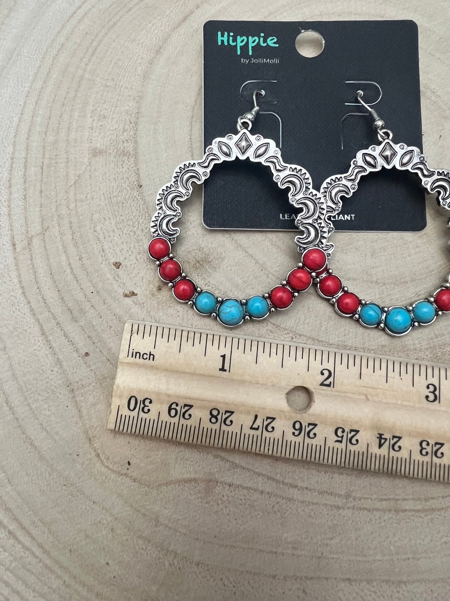 Western Faux Turquoise & Coral Hoop Earrings — 1¾" Drop Southwestern Style