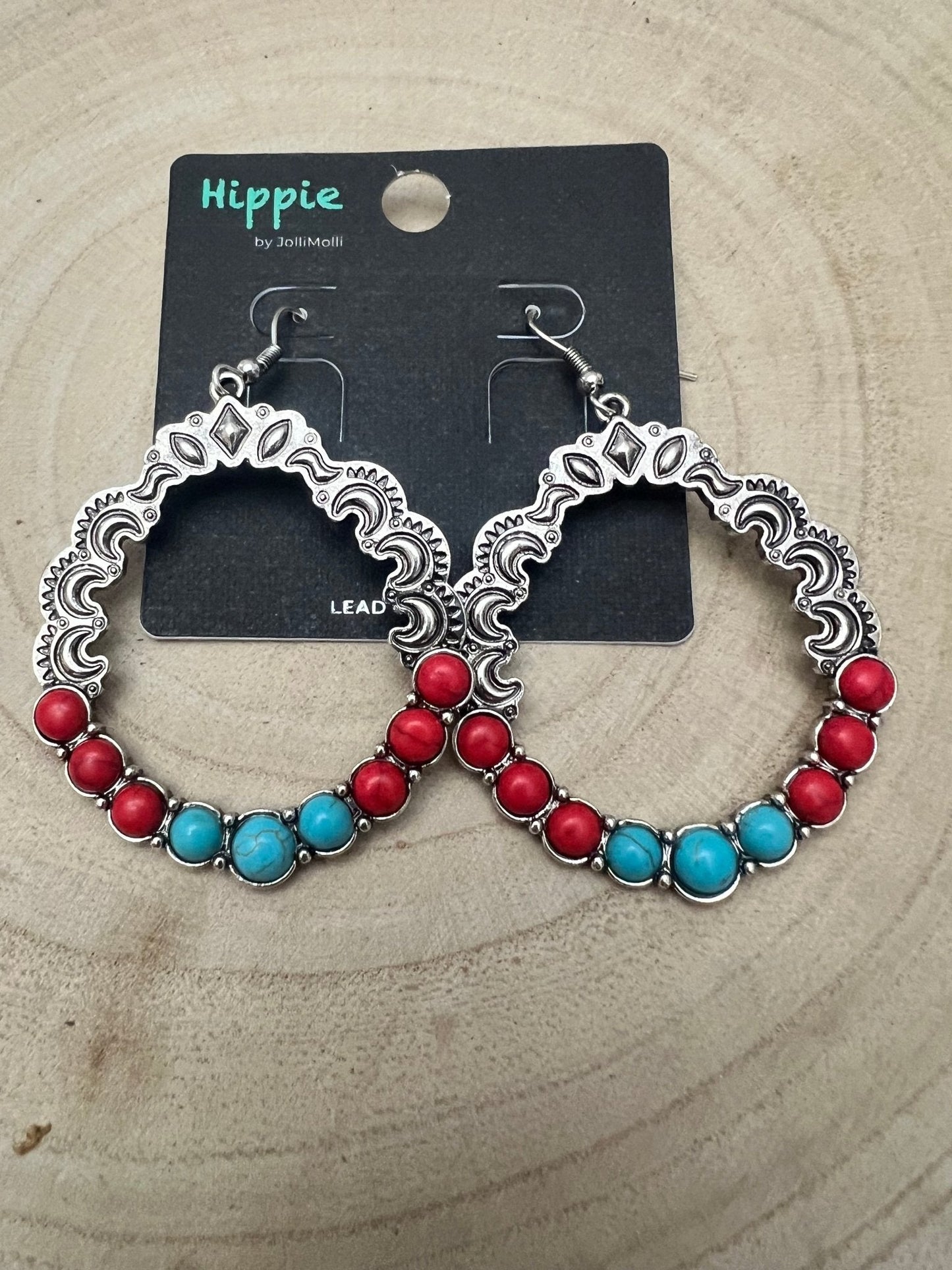 Western Faux Turquoise & Coral Hoop Earrings — 1¾" Drop Southwestern Style