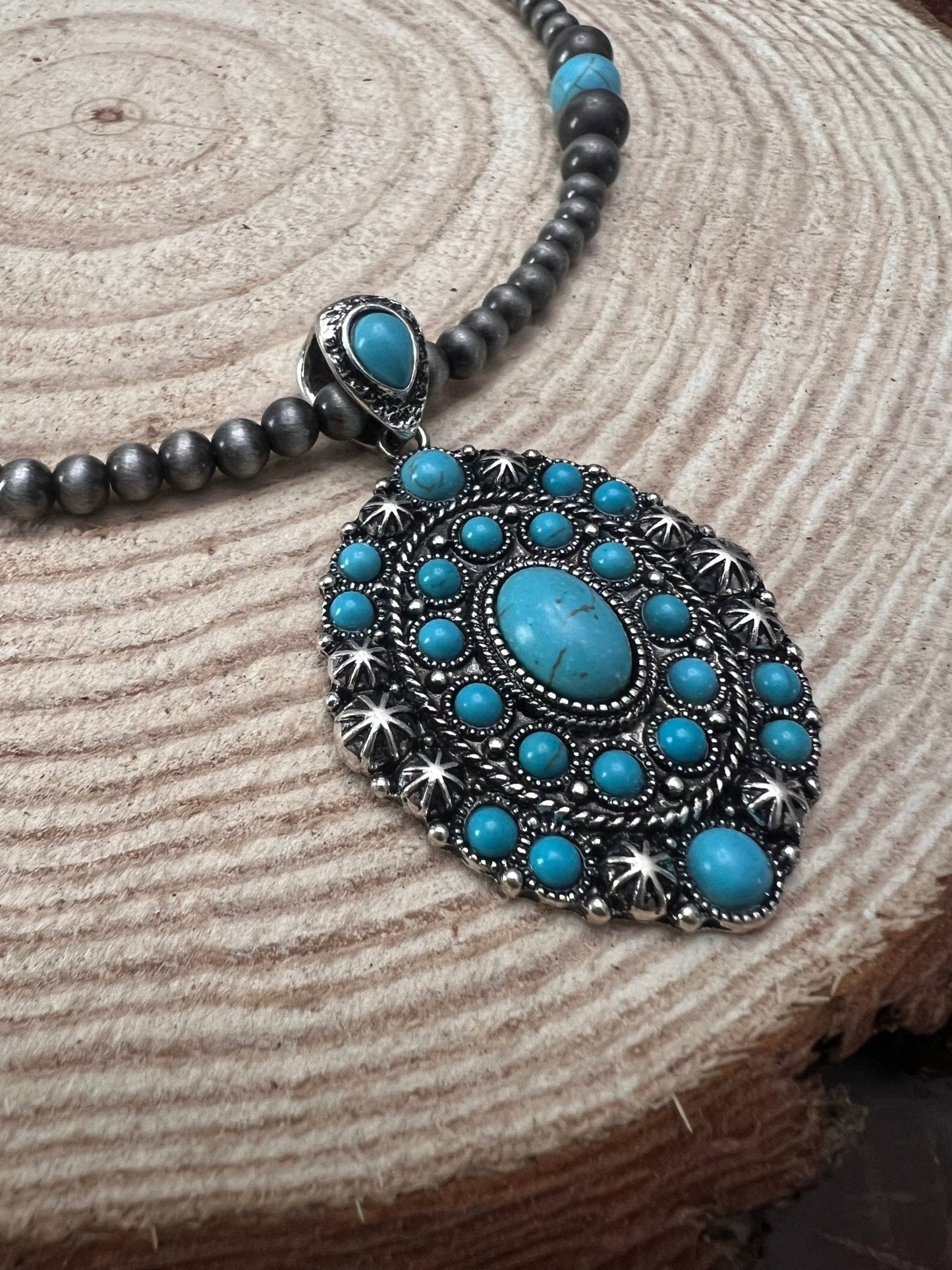 Western Turquoise Cluster Pendant Pearl Necklace — 20 Inch (Pearl Strand with Turquoise Drop)