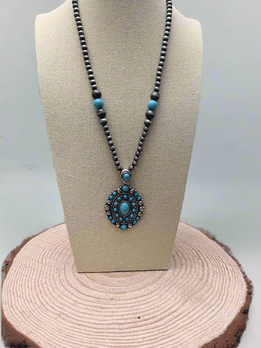 Western Turquoise Cluster Pendant Pearl Necklace — 20 Inch (Pearl Strand with Turquoise Drop)