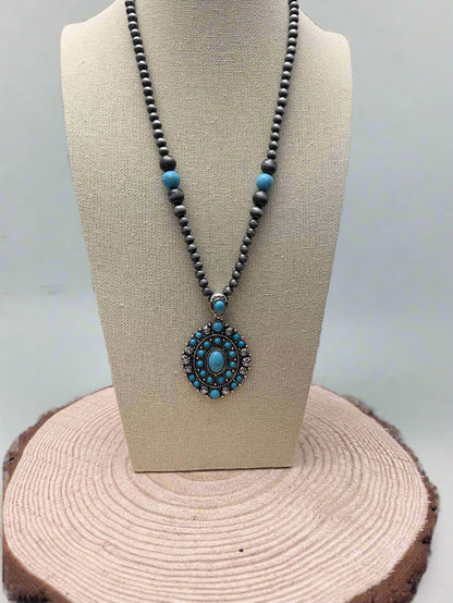 Western Turquoise Cluster Pendant Pearl Necklace — 20 Inch (Pearl Strand with Turquoise Drop)