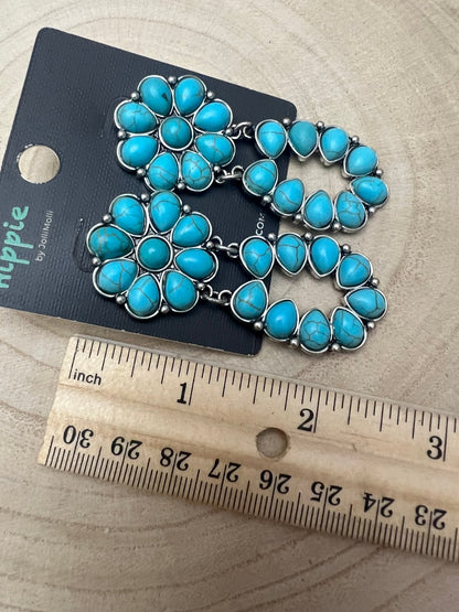 Western Faux Turquoise Cluster Post Earrings — Statement 2¼" Drop