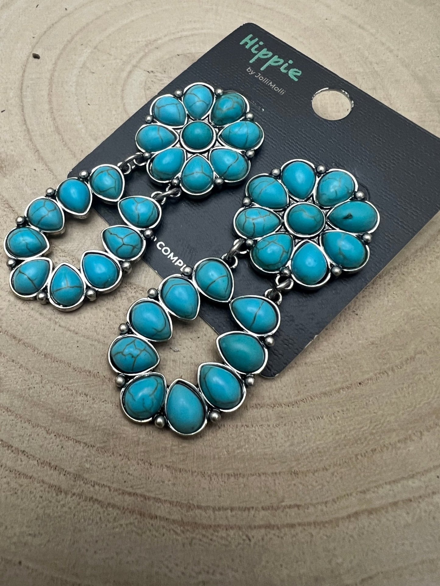 Western Faux Turquoise Cluster Post Earrings — Statement 2¼" Drop