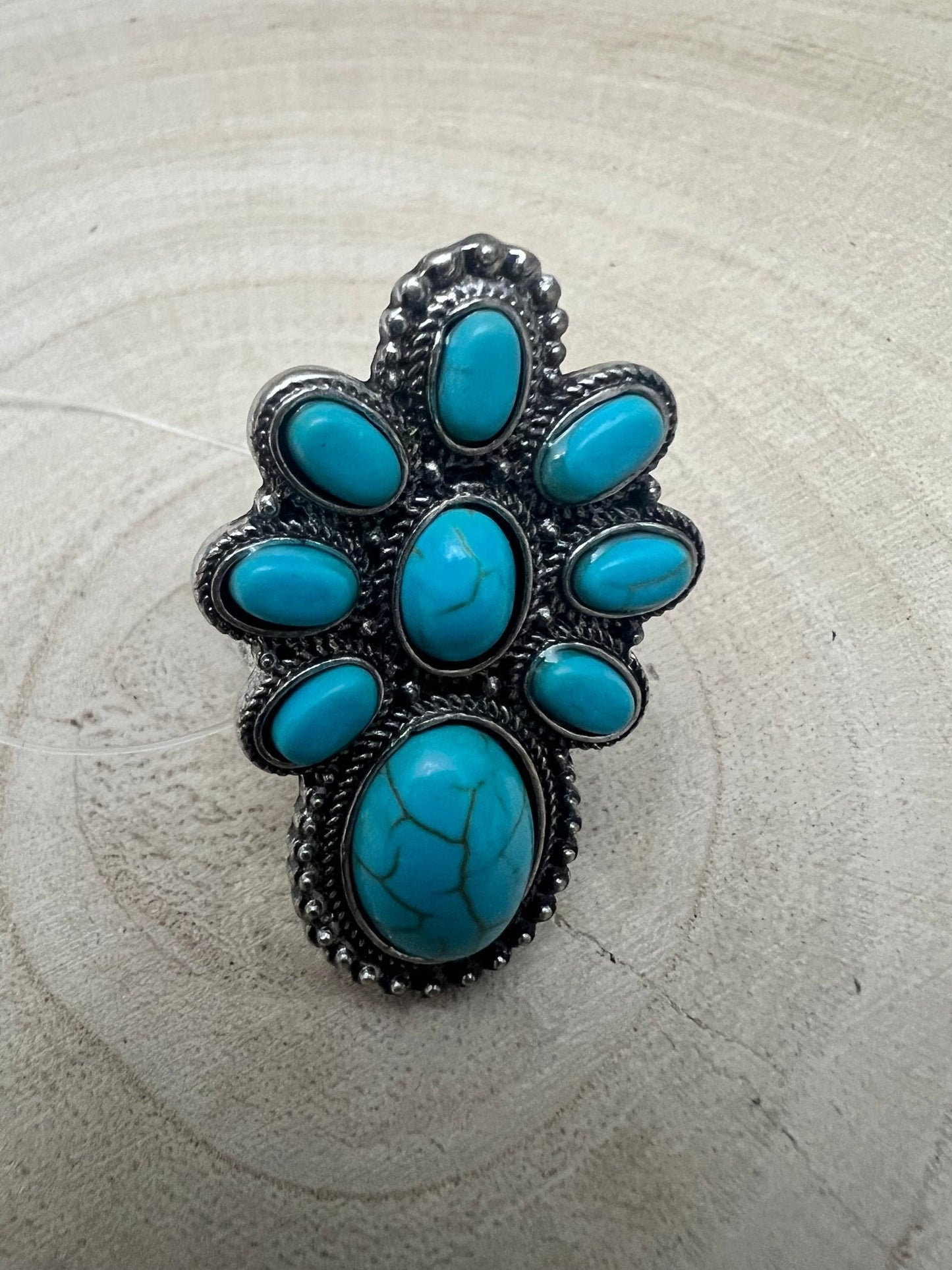 Western Faux Turquoise Cluster Adjustable Cuff Ring — Statement Size