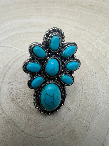 Western Faux Turquoise Cluster Adjustable Cuff Ring — Statement Size