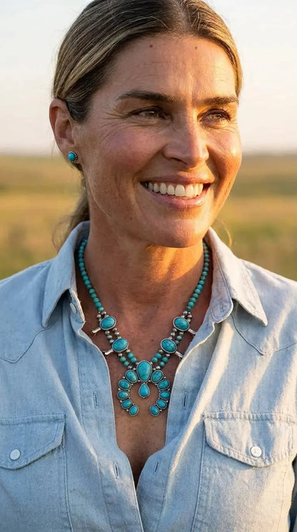 Faux Turquoise Squash Blossom and Earring Set - 18 inch necklace