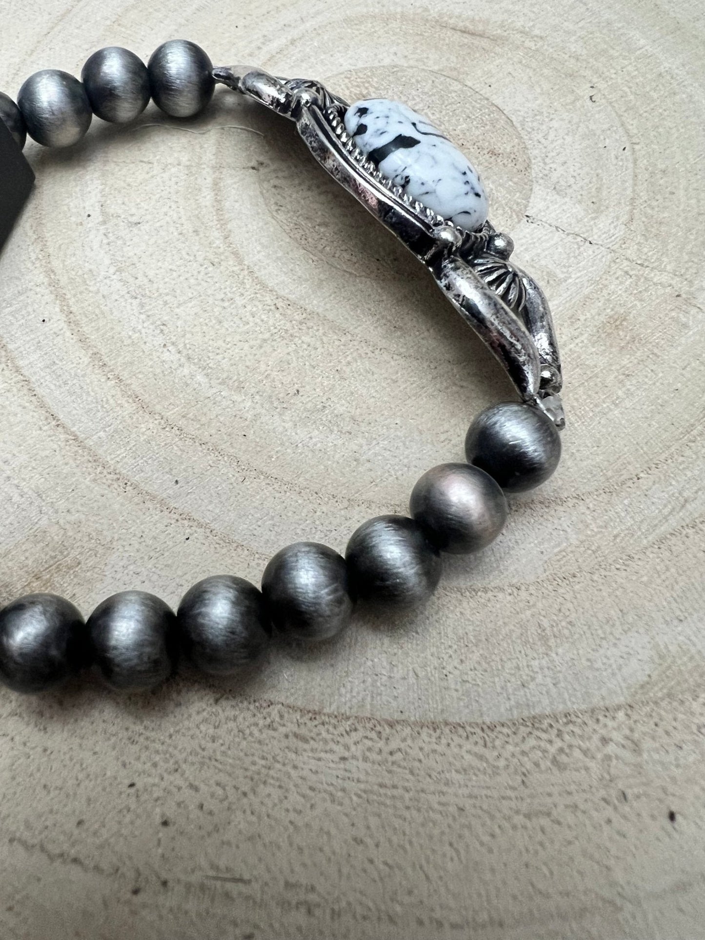 Western White Buffalo & Sterling Pearl Stretch Bracelet