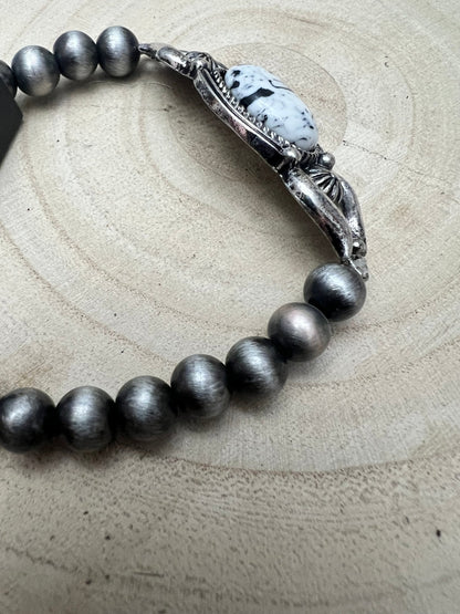 Western White Buffalo & Sterling Pearl Stretch Bracelet