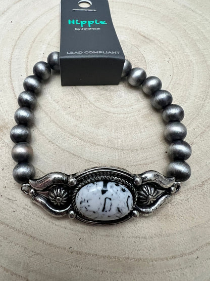Western White Buffalo & Sterling Pearl Stretch Bracelet