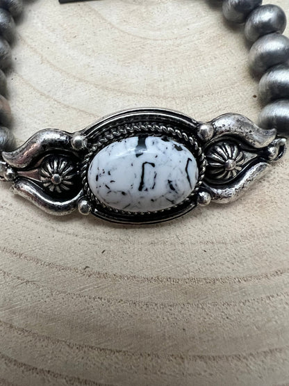 Western White Buffalo & Sterling Pearl Stretch Bracelet