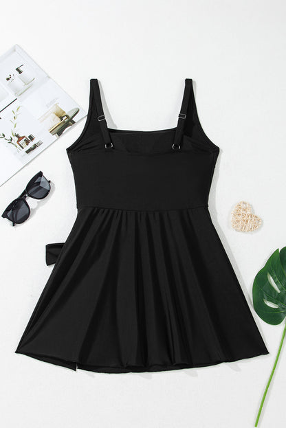 Solid Wrap Tie Waist Square Neck Swim Dress