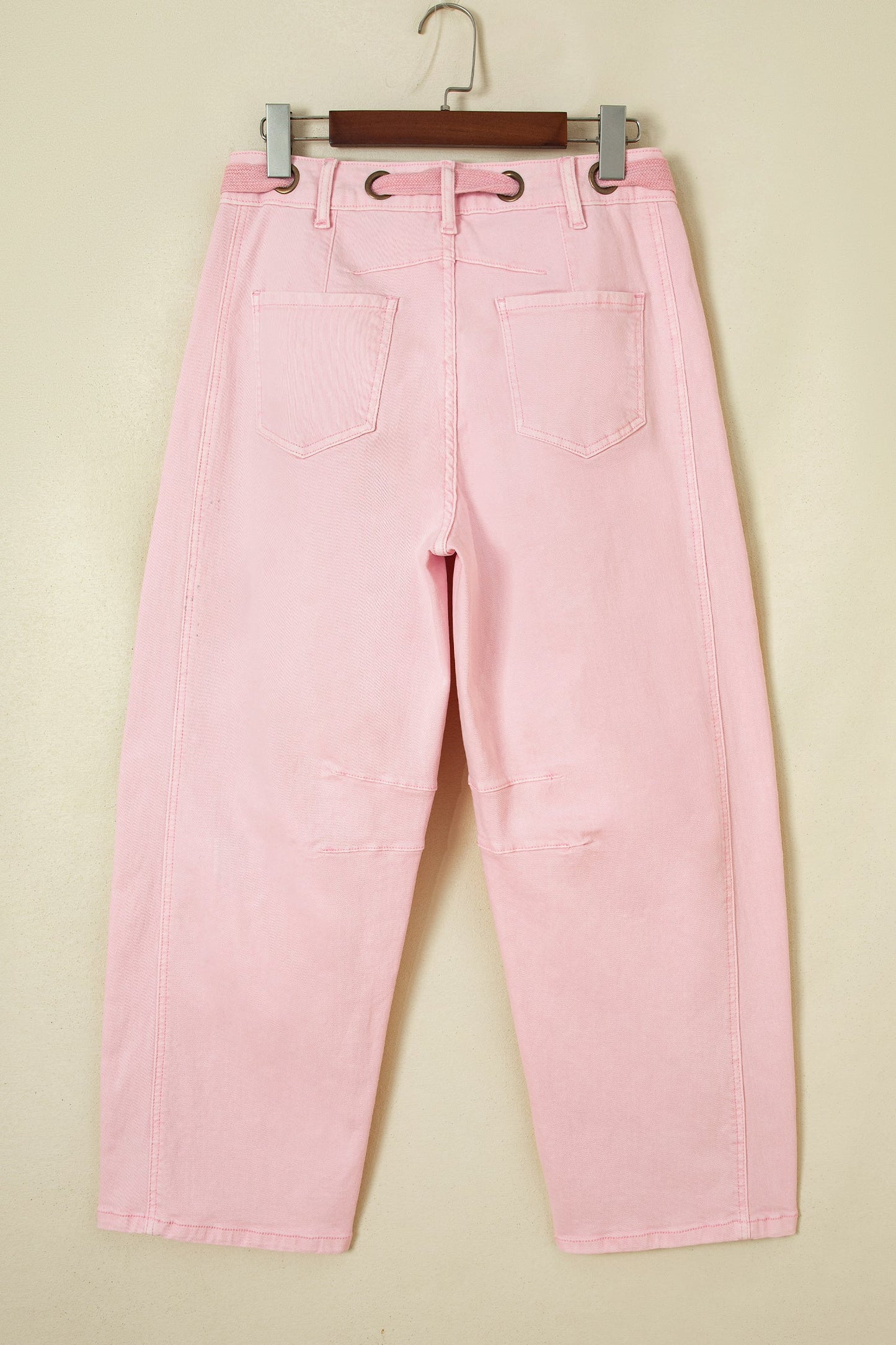 Solid Denim Grommet Tie Waist Barrel Leg Jeans