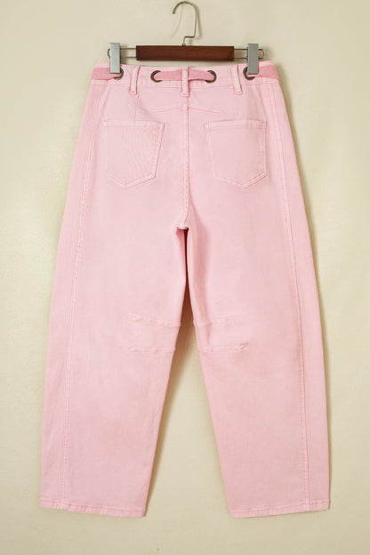 Solid Denim Grommet Tie Waist Barrel Leg Jeans