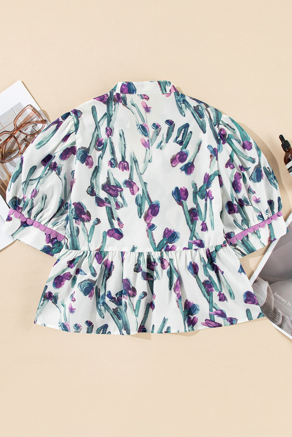 Floral Ricrac Trim Short Sleeve Peplum Top