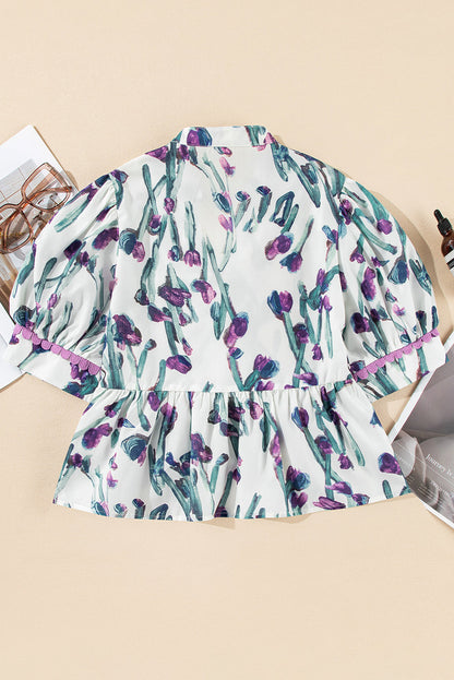 Floral Ricrac Trim Short Sleeve Peplum Top