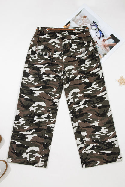 Camo Splatter Distressed Tie Waist Denim Pants