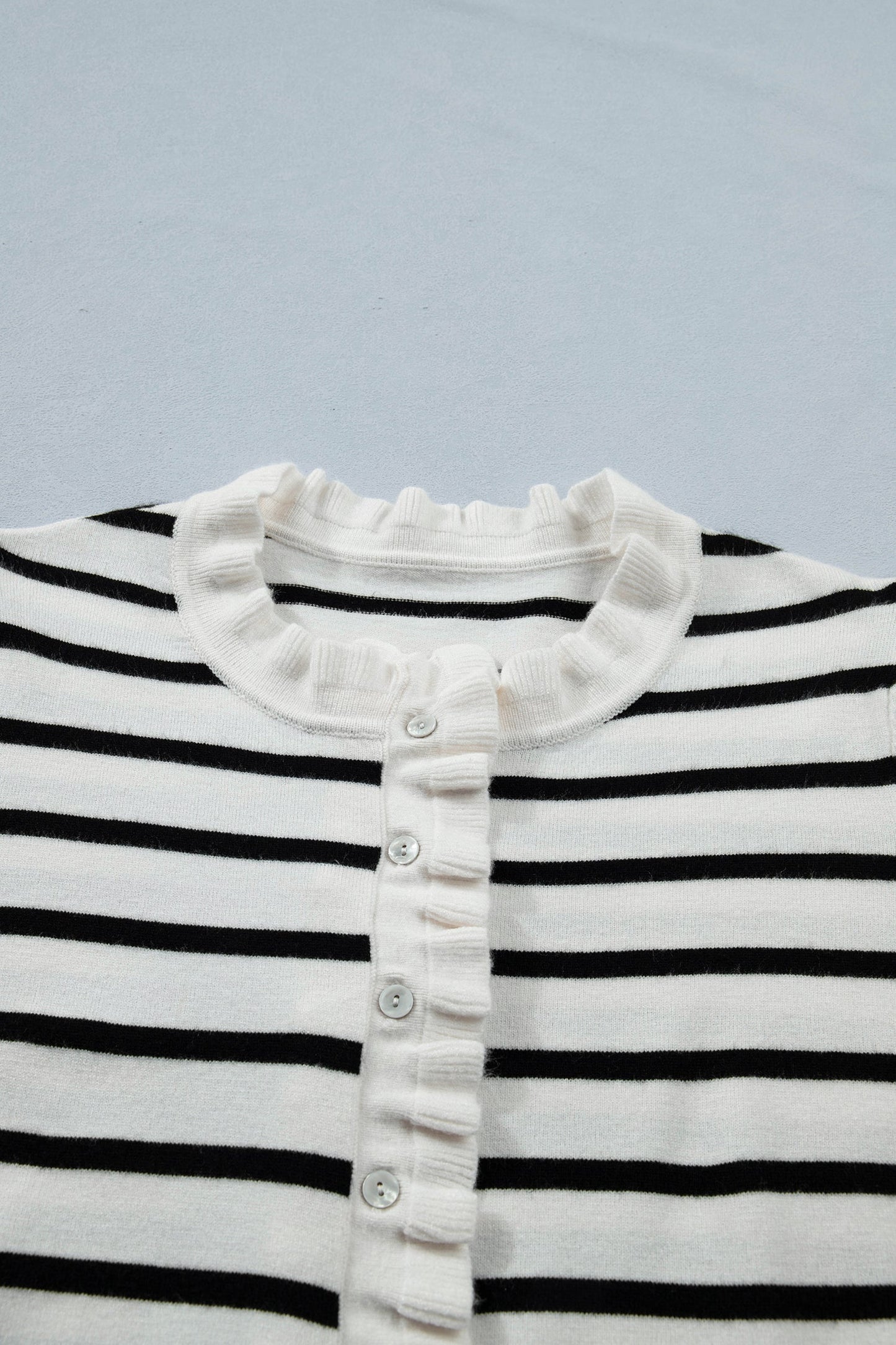 Stripe Ruffle Knit Short Sleeve Buttoned Cardigan