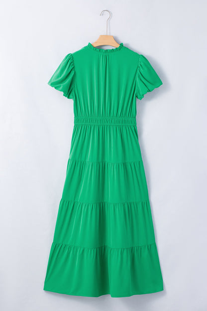Solid V-Neck Short Puff Sleeve Tiered Maxi Dress
