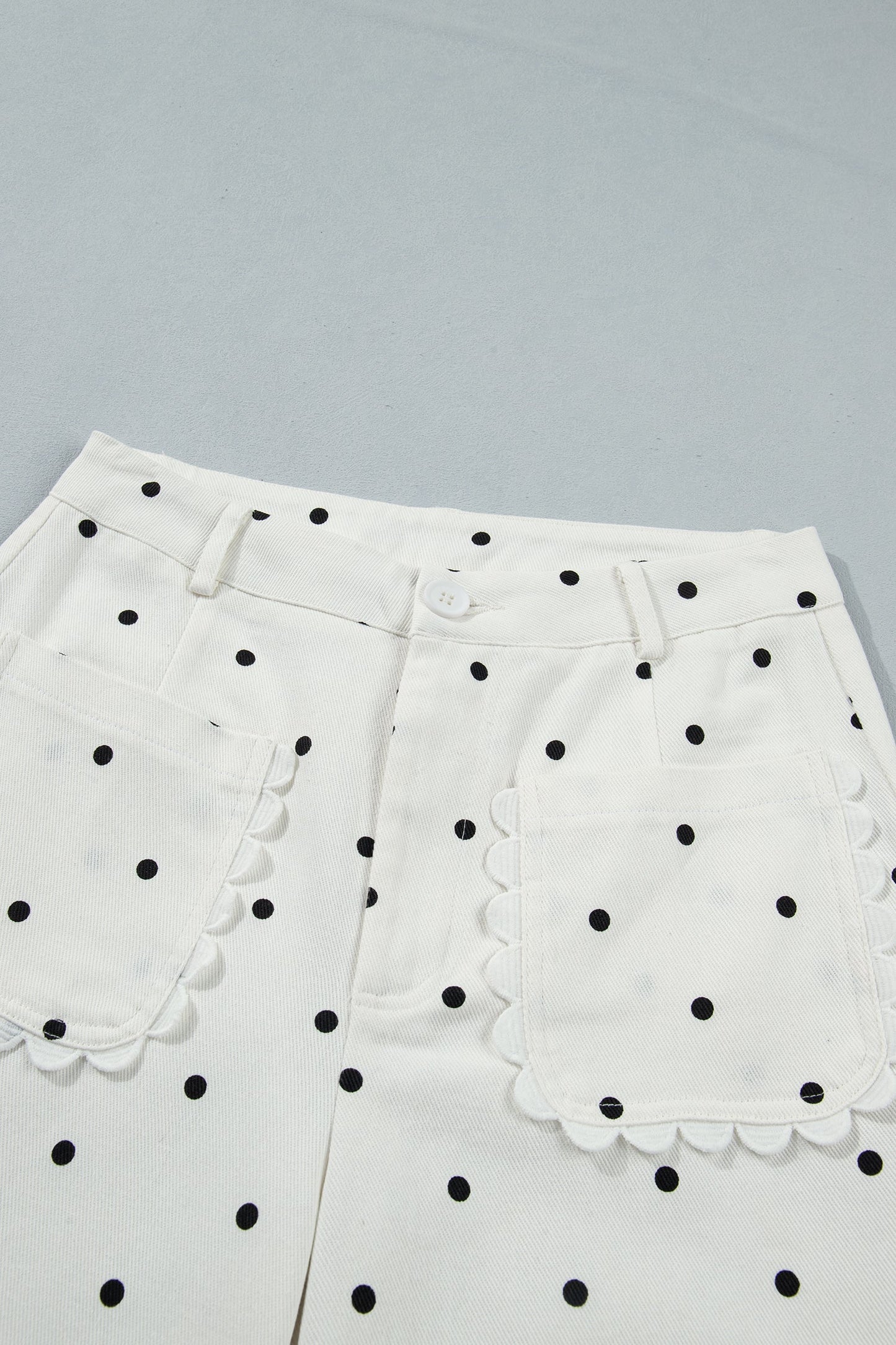 Polka Dot Denim Scalloped Patch Pocket Pants