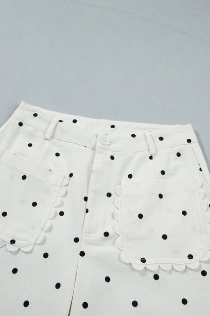 Polka Dot Denim Scalloped Patch Pocket Pants