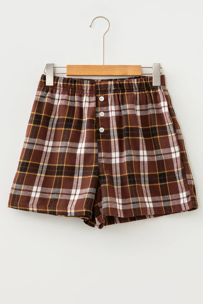 Plaid Button Front Elastic Waist Shorts