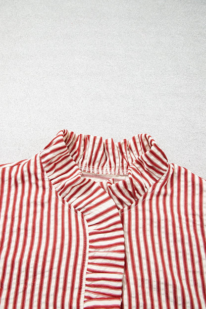 Stripe Textured Ruffle Trim Button-Up Long Sleeve Shirt