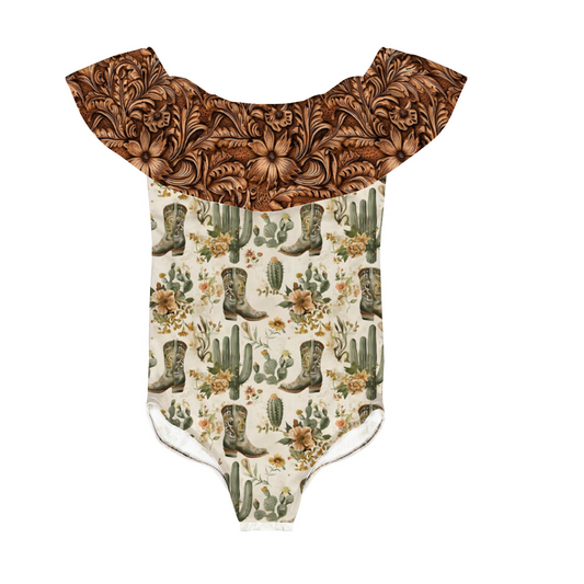 Brewster County Leather Print Trim Flounce One Piece Swimsuit